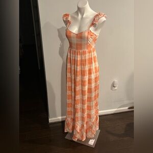 Promesa Orange and Cream Plaid Ruffle-Strap Maxi Dress with Smocked Bodice